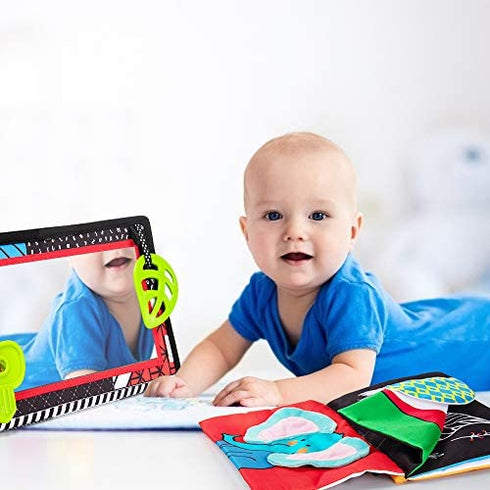teytoy Tummy Time Floor Mirror with Crinkle Cloth Book and Teethers, High Contrast Black and White Baby Toys, Developmental Montessori Sensory Crawling Toy for Newborn Infant Toddler 0 3 6 Months Gift