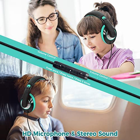 rockpapa Comfort+ Kids Headphones with Microphone and Volume Control, Boys Girls Student Over-Ear Headphones Wired for School Classroom Laptop PC Computer Tablet Black Teal