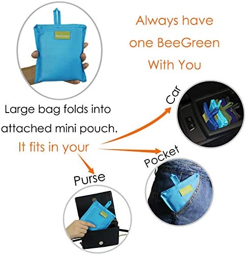 BeeGreen Reusable Grocery Bags 5 Pack, Grocery Tote Folded into Attached Pouch, Ripstop Polyester Shopping Bags, Washable, Durable and Lightweight (Black,Royal,Navy,Teal,Moss)