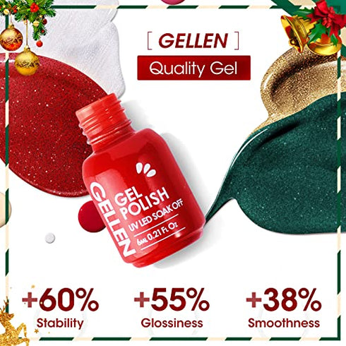 Gellen Christmas Gel Nail Polish Set - 4 Colors Forest Green, Flame Red, Sparkle Gold, Snow White, Popular Gel Nail Art Colors Home Manicure Kit, Color Nail Polish Kit
