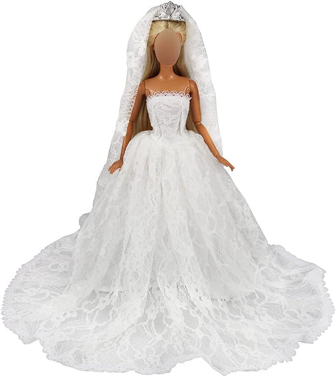 BARWA White Wedding Dress with Long Veil Evening Party Princess White Lace Gown Dress for 11.5 Inch Girl Doll