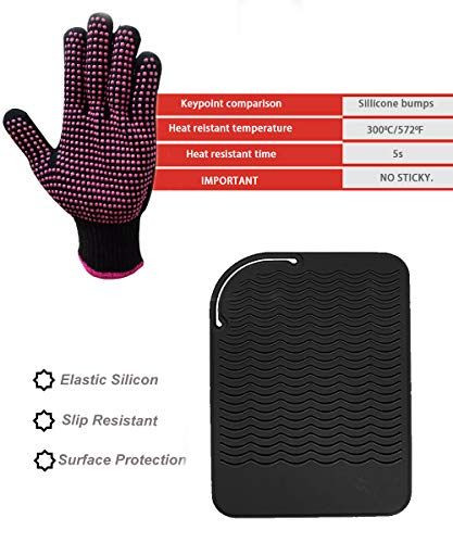 Heat Resistant Glove with Heat Resistant Mat for Curling Iron, Hair Straightener, Flat Irons, Silicone Bump Glove, 9” x 6.5” Food Grade Silicone Mat, Black