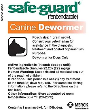 Safe-Guard (fenbendazole) Canine Dewormer for Dogs, 1gm pouch (ea. pouch treats 10lbs.)
