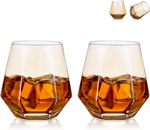 Old Fashioned Glass Whiskey Glasses Rocks Glasses Diamond glasses Set of 2, Whiskey Glass Set Scotch Glass Fathers Mothers Day Gifts Tilted 10-Ounce Modern Look for Men Women, Dad, Husband, Friends