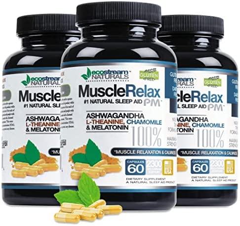 ecostream Naturals Natural Night-Time Support Muscle Relax PM - Over 2,300 Milligrams Strength - Ease Night Time Capsules Rest Support with Magnesium, Ashwaganha, Valerian, Passion Flower