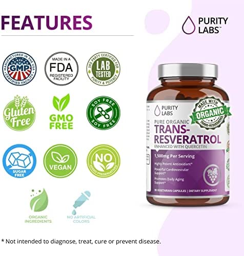 Purity Labs Pure Organic Trans-Resveratrol - Vegan Supplements for Heart, Skin, Hair, Nails - Anti Aging Antioxidant Supplement - 90 Capsules