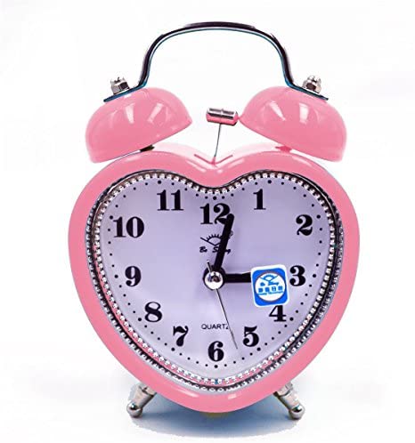 Monique Students Seniors 3in Twin Bell Loud Alarm ,Silent Analog Quartz Nightlight Clock Battery Operated for Heavy Sleepers Heart Shape Pink