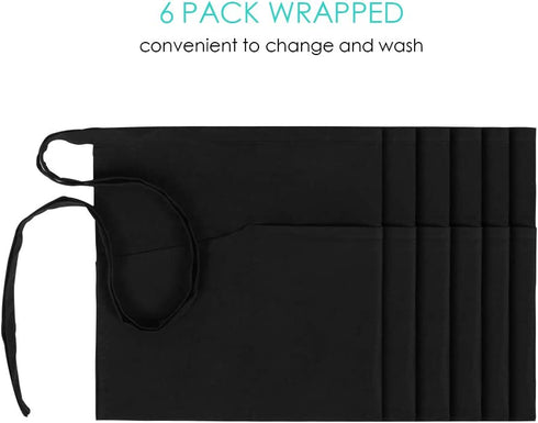 Syntus 6 Pack 3 Pockets 100% Cotton Waist 11.5-inch Long Kitchen Cooking Restaurant Bistro Craft Garden Half Aprons for Men, Women, Chef, Baker, Servers, Waitress, Waiter, Craftsmen, Black