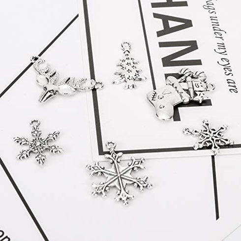 Konsait 120Pack Christmas Charms Bulk Antique Silver Pendants Christmas Pendant Accessory Mixed Craft Supplies Beads Pendants for Necklace Bracelet Jewelry Making Crafting and Christmas Ornaments