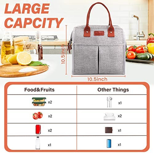EASYFUN Lunch Bag for Women & Men, Large Insulated Lunch Box Cooler Tote Bags, Adult Reusable Lunch Boxes with Water Resistant for Work, School, Travel and Picnic (Grey)
