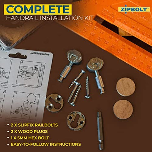 Zipbolt Handrail to Newel Post Connector — 13.810 Slipfix Railbolt, Staircase Post Fastener with 5mm Hex and Wood Plugs, Durable, Easy Installation for Residential & Commercial Use — 1 Double Pack