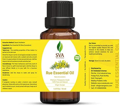 SVA Organics Rue Essential Oil 1/3 Oz 100% Pure Natural Premium Therapeutic Grade for Diffuser, Aromatherapy, Skin Care, Hair & Massage