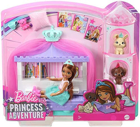 Barbie Princess Adventure Chelsea Princess Storytime Playset, with Chelsea Doll, Canopy Bed, 2 Pets and Accessories, Gift for 3 to 7 Year Olds , Red
