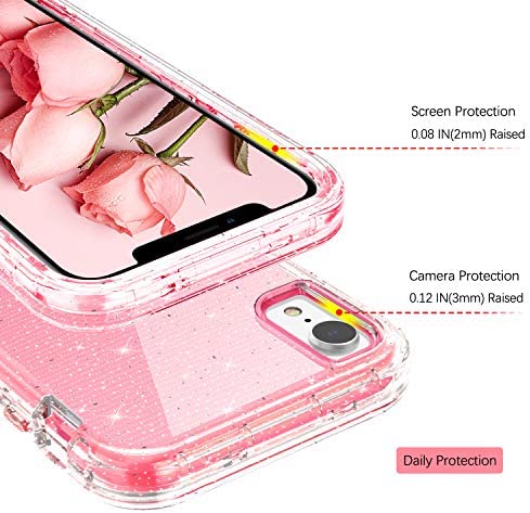 GUAGUA iPhone XR Case, Pink Glitter Bling Crystal Clear Shiny Cover for Girls Women Three Layer Hybrid Hard PC Soft TPU Bumper Shockproof Protective Phone Case for iPhone XR 6.1-inch 2018 Pink
