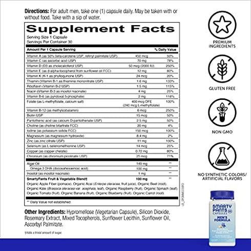 SmartyPants Multivitamin for Men: Omega-3 DHA, Zinc for Immunity, Vitamins D3, C, B6, Folate, Vitamin A, B12, One Per Day, 30 Capsules, 30 Day Supply