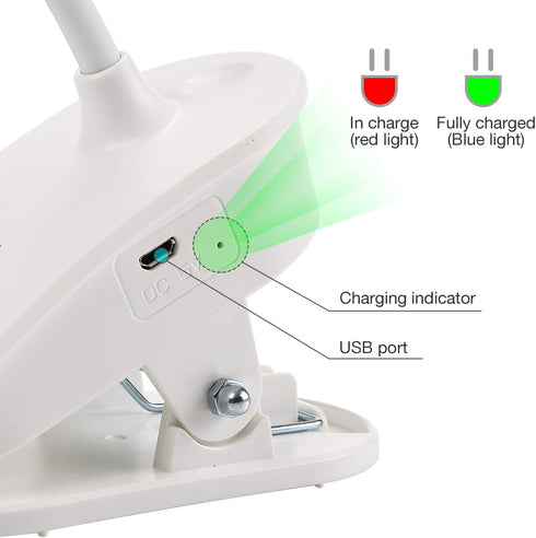 2 Pack Miady Clip on Lamp,Battery Powered Reading Lamp,Clip on Light for Bed Clip on Battery Light with 3 Brightness Level,USB Rechargeable, Reading Lamp