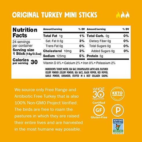 CHOMPS MINI Free Range Turkey Jerky Meat Snack Sticks, Original Turkey, 0.5 Ounce (Pack of 6)