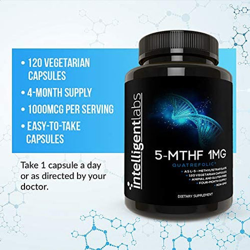 Intelligent Labs 1MG 5-MTHF Methylfolate, 120 Capsules, 4 Months Supply, Best Value Folic Acid Supplement as Quatrefolic Acid, Activated Folate, 1MG = 1000mcg, 5 methyltetrahydrofolate