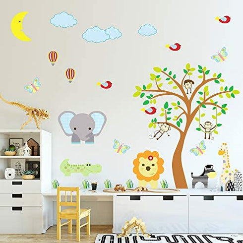 Supzone Jungle Animal Wall Stickers Monkey Tree Wall Decals Elephant Giraffe Zebra Vinyl Forest Animal Wall Stickers DIY Removable Home Decoration Baby Nursery Girl Boy Kids Room Wall Decor