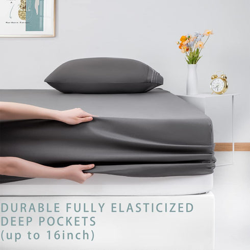 LBRO2M Bed Sheet Set Queen Size 16 Inches Deep Pocket 1800 Thread Count 100% Microfiber Sheet,Bedding Super Soft Comfortable, Cool Warm,4 Piece?Dark Grey?
