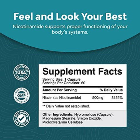 Vitamin B3 Nicotinamide 500mg Capsules - Mitochondrial Energy and Anti Aging Skin Supplement - AKA Vitamin B3 Niacin 500mg Flush Free and Niacinamide 500mg - Flush Free Niacin Supplement - 60 Count