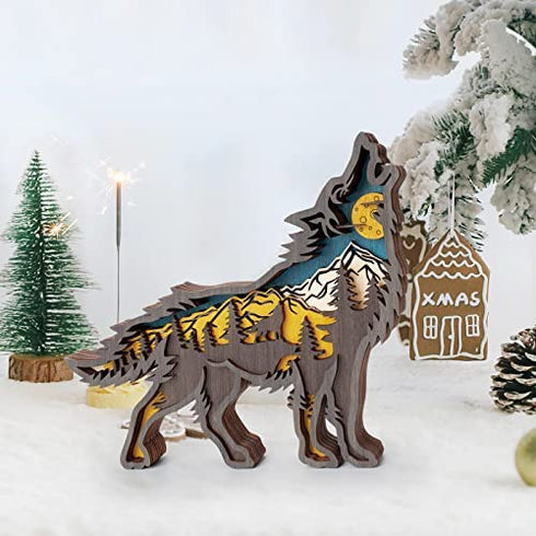 Forest Animals Wooden Wolf Decor, Wolf Figurines and Statues, Howling Wolf Desk Decor with Hollowed Multilayers, Wood Wolf Sculpture Rustic Home Decor, Wolf Decorations for Home Shelf Cabinet Table
