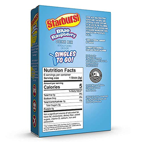 Starburst Singles To Go Zero Sugar Drink Mix, Blue Raspberry, 6 CT Per Box (Pack of 3)
