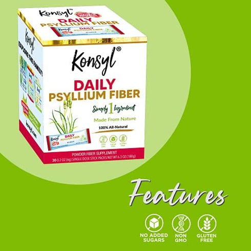 Konsyl Daily Psyllium Fiber Stick Packs - On-The-Go Psyllium Husk Daily Fiber Supplement Powder - Convenient, All-Natural Soluble Fiber, Gluten-Free & Sugar-Free, Vegan & Keto Friendly - 30 Packets