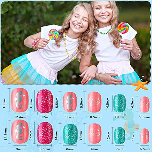 384 Pieces Kids Press on Nails Mini False Nails with Designs Press on Nails for Kids Stick on Short Fake Nails for Christmas Nail, 16 Boxes (Mermaid, Shell)