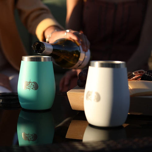 Non-tipping 10oz Double Wall Insulated Stainless Steel Stemless Travel Wine Tumbler w/ Easy Slide Lid - White