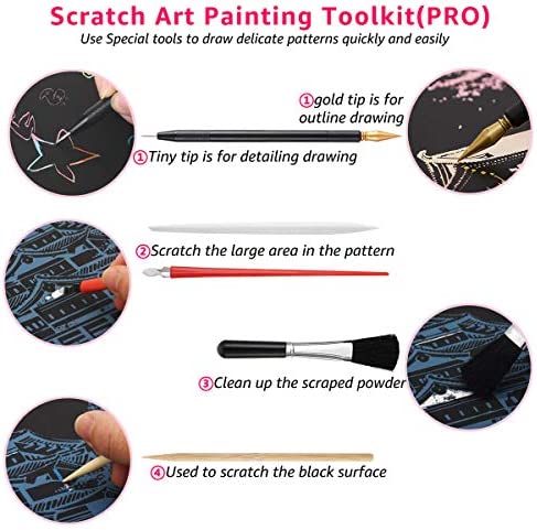 Scratch Art Tools, 9 Pcs Scratching Drawing Tools Set: Artist Glove, Tools Bag, Scratch Coloring Pens, Plastic and Wooden Stylus, Scraper, Repair Pen, Clean Brush for Adults & Kids Painting Paper