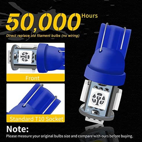 Qasim 194 Led Bulb Blue, T10 W5W 2825 158 192 168 194 Wedge 5-SMD 5050 Ultra Blue LED Light bulb Car Interior Lights 12V DC (Pack of 10)