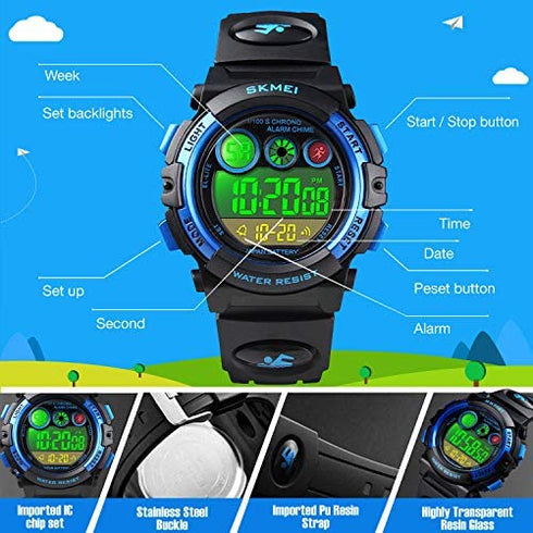 Kids Digital Sport Watch for Boys Girls, Kid Waterproof Electronic Multi Function Casual Outdoor Watches, 7 Colorful LED Luminous Alarm Stopwatch Wristwatch