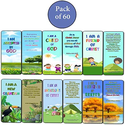 Christian Bookmarks for Kids - Identity in Christ (60 Pack) - Perfect Gift Away for Sunday School and Ministries - VBS Sunday School Easter Baptism Thanksgiving Christmas Rewards Encouragement