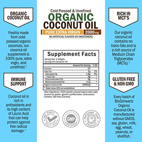 Coconut Oil Capsules 2000mg - Organic Pure Extra Virgin Unrefined Cold Pressed & Non-GMO for Healthy Skin Nails Weight Loss Hair Growth Brain Health Bloat Blood Pressure Anti Aging Digestion - 120ct