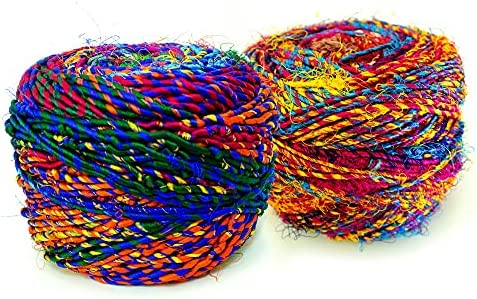 Revolution Fibers Recycled Sari Silk Yarn, Multi-Color Pure Silk Yarn, Made from Handspun Used Sari Fabric Ribbon Scraps, Rainbow Yarn for Knitting, Weaving & Crocheting 100 Grams per Ball (1-Pack)