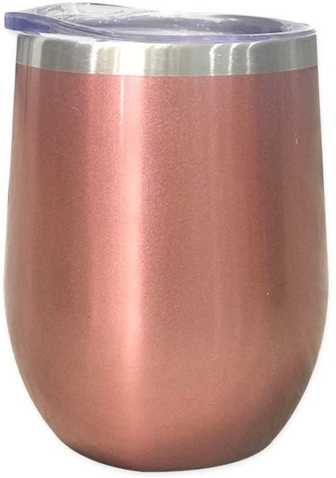 12oz Wine Mug Stainless Steel Tumbler Vacuum Double Wall Glass Stemless coffee Lid Gift Straw Travel Bottle Cocktail Large Walled Unbreakable Water Ice Champagne Cold Beer Drink (Rose Gold)