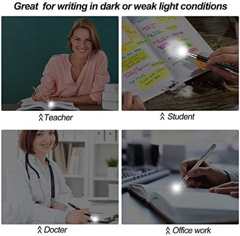 4 Pieces Lighted Tip Pen Ballpoint Pen with Light Flashlight LED Light Pen LED Penlight Light Up Pen for Writing in the Dark (Black and Silver)