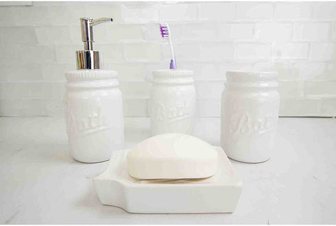 Home Basics Rustic Mason Jar 4 Piece Décor Bathroom Accessories Set, includes Lotion Pump Dispenser, Toothbrush Holder, Cup Tumbler, and Soap Dish , White