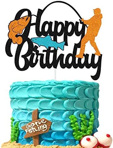 Fish Cake Topper Happy Birthday Sign Cake Decorations for Man Kids Boy Fisherman Gone Fishing Themed Birthday Party Supplies Black Glitter Decor