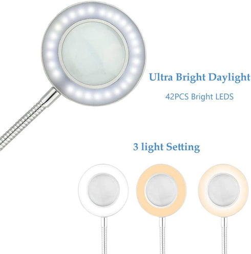 Magnifying Lamp, LED Desk Lamp, 3X Magnifier Glass with 3 Adjustable Light Setting, USB Powered, for Reading, Crafting, Sewing, Soldering, Jewelry Makers