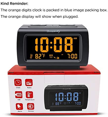 DreamSky Alarm Clock Radio for Bedroom - FM Radio Clock with Battery Backup, USB Charing Port, 1.2 Inch Bold Digit 0%-100% Dimmer, Adjustable Alarm Volume, Temperature, Snooze, Sleep Timer, 12/24H