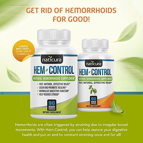 Naticura: Hem-Control Natural Hemorrhoid Supplement - Vegan Herbal Supplement with Psyllium Husks, Witch Hazel, and Ginger Root - 90 Count - Inflammation-Fighting Digestive Support