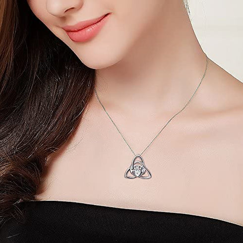 FLYOW 925 Sterling Silver Good Luck Irish Claddagh Celtic Knot Love Heart Pendant Necklace for Women Ladies Teen Girls Valentine's Day Gift, 18 Inch Rolo Chain