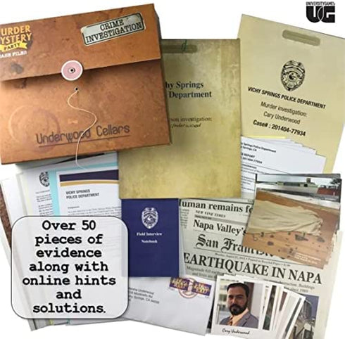 Murder Mystery Party Case Files: Underwood Cellars Unsolved Mystery Detective Game Play Alone, w/ Friends, Family or for Couples Date Night Ages 14+ from University Games , Brown