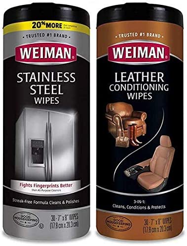 Weiman Stainless Steel Wipes and Leather Wipes - Clean and Polish Appliances for a Brighter and Longer Shine - Clean, Condition and Restore Leather Surfaces - Packaging May Vary