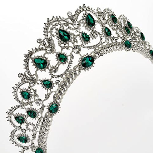 SWEETV Vintage Crystal Wedding Crown for Women, Green Rhinestone Queen Tiara Bridal Hair Accessories, Emerald