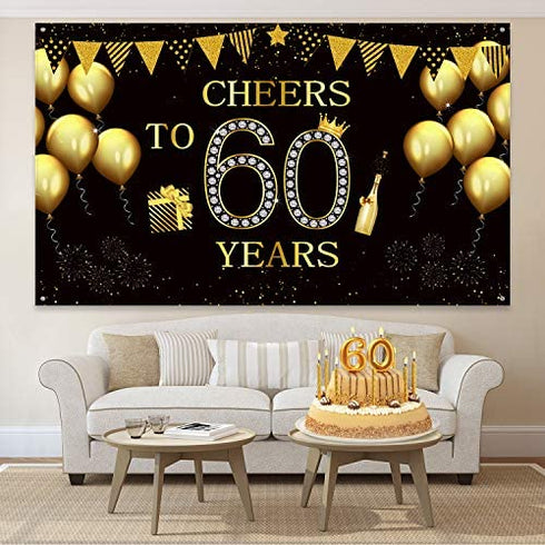 Happy 60th Birthday Party Backdrop Banner, Extra Large Fabric Black Gold Cheers to 60 Years Backdrop Anniversary Decoration Background Banner for Men Women 60th Birthday Party Supply, 72.8 x 43.3 Inch