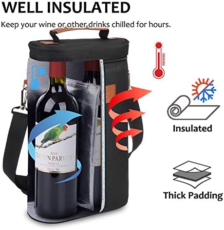 Tirrinia 2 Bottle Wine Tote Carrier - Leakproof & Insulated Padded Versatile Wine Cooler Bag for Travel, BYOB Restaurant, Wine Tasting, Party, Dinner, Great Christmas Day Gift for Wine Lover, Black