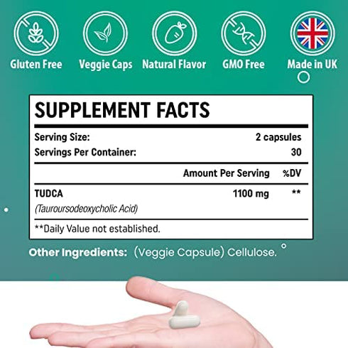 Genogna TUDCA 1100mg-Liver Support Supplement for Detox Cleanse, Water-Soluble Bile Salts with Strong Bitter Taste, 60 Vegan Capsules,Non-GMO,Gluten-Free
